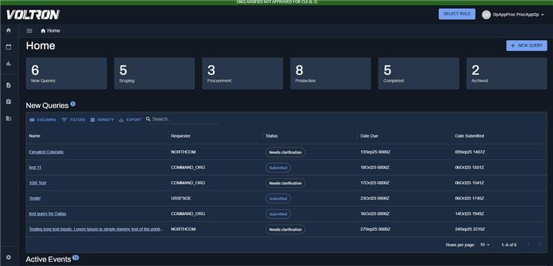 Operator Home — mission management board with pipeline status, new queries, and active events at a glance.